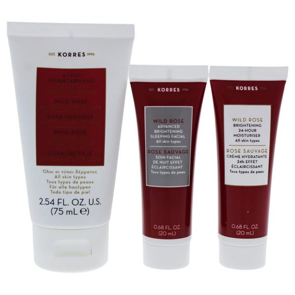 Korres Wild Rose From AM to PM Travel set by Korres for Women - 3 Pc Kit 2.5oz Exfoliating Cleanser, 0.67oz Sleeping Facial, 0.67oz 24 Hour Moisturizer