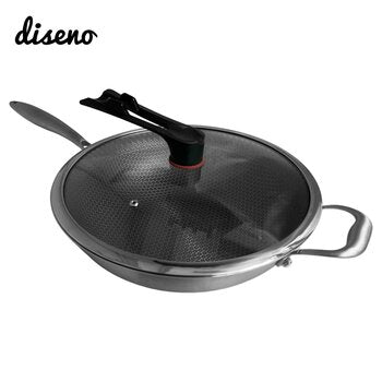 diseno 32cm Stainless Steel 3PLY Honey Comb Pattern Non-Stick Wok with Glass Cover  Fixed Size