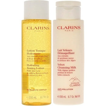 Clarins 2 Step Cleansing Kit for Women 2 Pc Velvet Cleansing Milk, Hydrating Toning Lotion 6.7oz