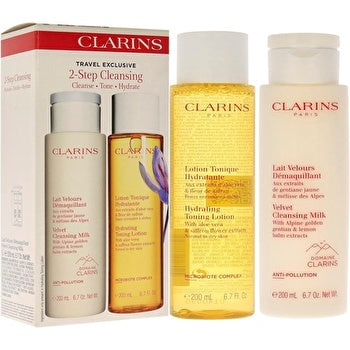 Clarins 2 Step Cleansing Kit for Women 2 Pc Velvet Cleansing Milk, Hydrating Toning Lotion 6.7oz