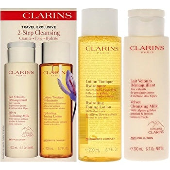 Clarins 2 Step Cleansing Kit for Women 2 Pc Velvet Cleansing Milk, Hydrating Toning Lotion 6.7oz