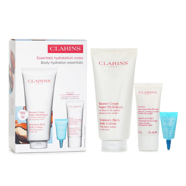 Clarins Perfect Hydration Body Set: Super Hydrating Body Balm 200ml+Youthful Hand Cream 30ml+Hydra Essentiel Reparing Lip Balm 3ml  3pcs