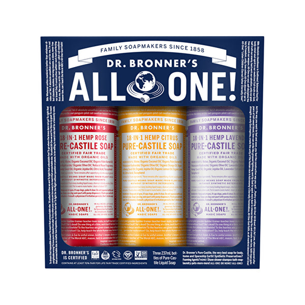 Dr. Bronner's Pure-Castile Soap Liquid (Hemp 18-in-1) Carnival Pack (contains: Rose, Citrus & Lavender) 3 x 237ml