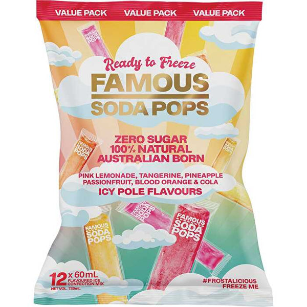 Famous Zero Sugar Soda Pops Assorted Icy Poles 12x60ml