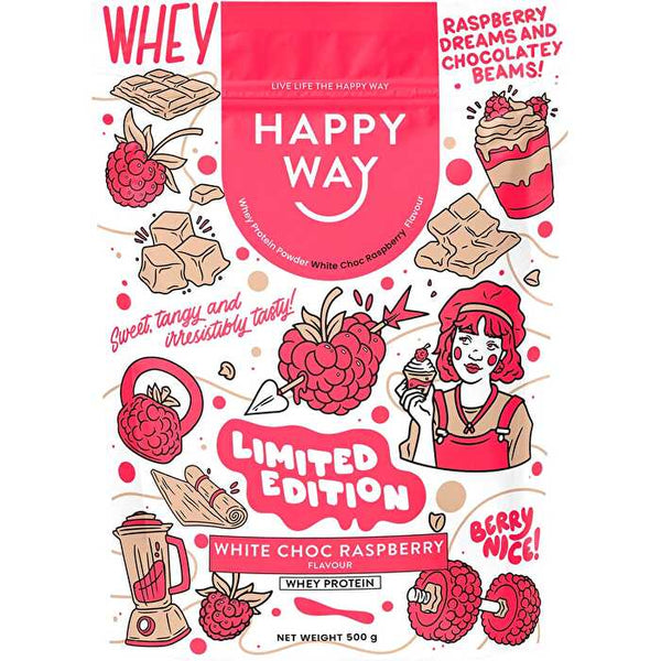 Happy Way Whey Protein Powder White Choc Raspberry 500g