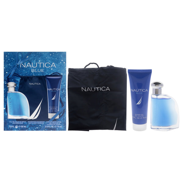 Nautica Blue by Nautica for Men - 3 Pc Gift Set 1.6oz EDT Spray, 2.5oz Hair and Body Wash, Drawstring Backpack