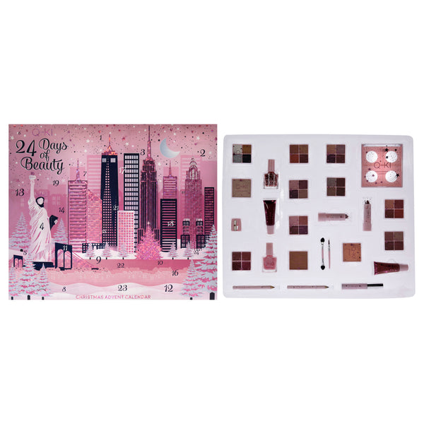 Q-KI 24 Days Of Beauty New York Advent Calendar Set by Q-KI for Women - 26 Pc 8 x 0.15oz Eye Shadow, 0.14oz Blusher, 0.17oz Mascara, 2 x 0.03oz Lip Liner, 0.27oz Glitter Nail Polish - 14, 0.27oz Nail Polish - 1, 0.14oz Bronzer, 0.14oz Highlighter, 0.08oz