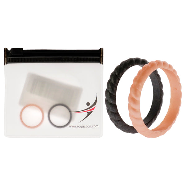 Silicone Wedding Stackble Braided Ring Set - Rose-Black by ROQ for Women - 2 x 7 mm Ring