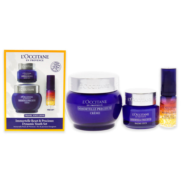 L'Occitane Immortelle Reset and Precious Dynamic Youth Set by LOccitane for Unisex - 3 Pc 0.16oz Overnight Reset Oil-In-Serum, 0.5oz Precious Eye Balm, 1.7oz Precious Cream