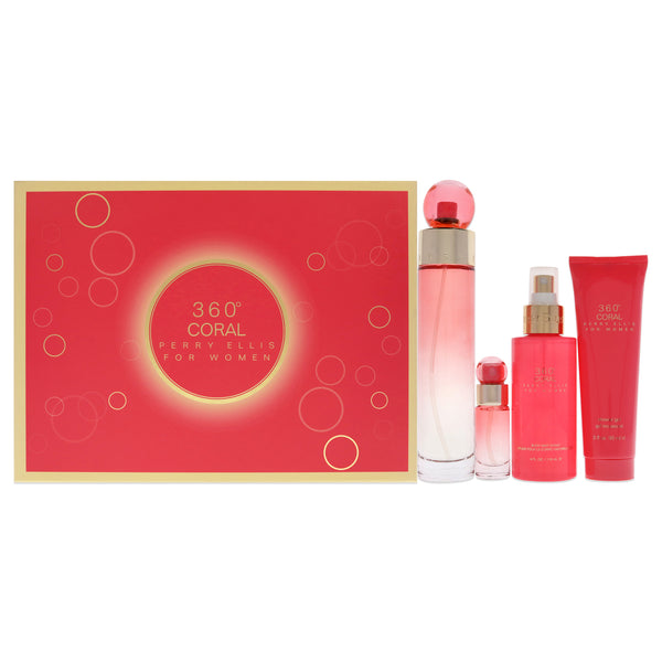 Perry Ellis 360 Coral by Perry Ellis for Women - 4 Pc Gift Set 3.4oz EDP Spray, 4oz Body Mist, 3oz Shower Gel, 0.25oz EDP Spray