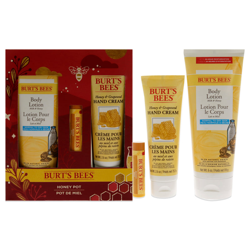 Burt's Bees Burts Bees Honey Pot Gift by Burts Bees for Unisex - 3 Pc 6oz Body Lotion, 2.6oz Hand Cream, 0.15oz Lip Balm