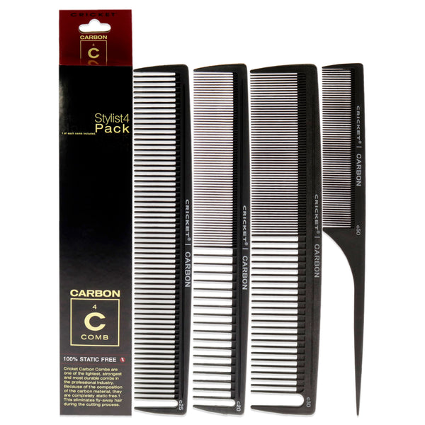 Cricket Carbon Comb Stylish 4-Pack Set by Cricket for Unisex - 4 Pc Set 1Pc All Purpose Cutting Comb - C20, 1Pc Multi Purpose Comb - C25, 1Pc Power Comb - C30, 1Pc Fine Toothed Rattail Comb - C50