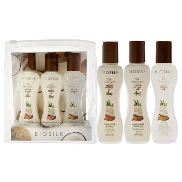 BioSilk Silk Therapy With Natural Coconut Oil Set by Biosilk for Unisex - 3 Pc 2.26oz Moisturizing Shampoo, 2.26oz Moisturizing Conditioner, 2.26oz Leave-In Treatment