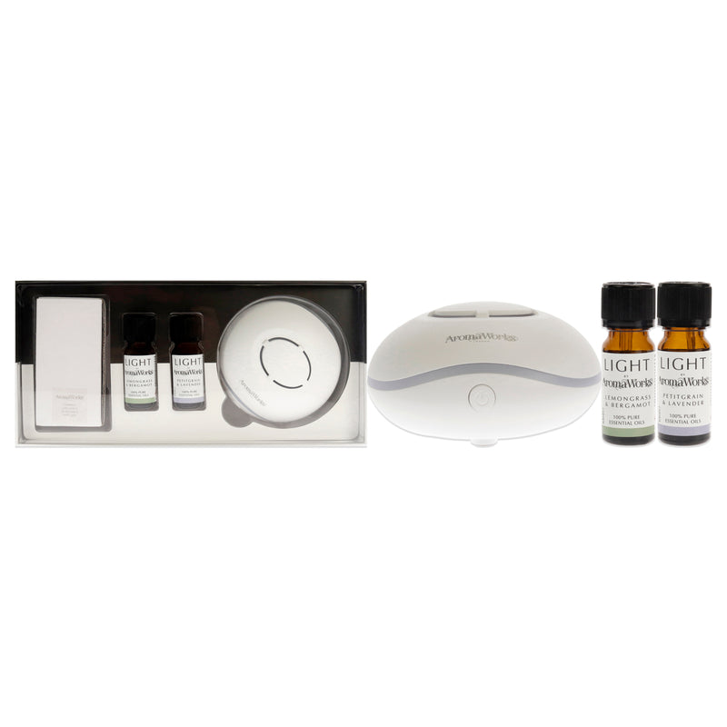 Aromaworks Light Range USB Aroma Diffuser Set by Aromaworks for Unisex - 4 Pc 0.33oz Light Essential Oil - Lemongrass and Bergamot, 0.33oz Light Essential Oil - Petitgrain and Lavender, USB Diffuser, USB Cable and 20 Refill Pads