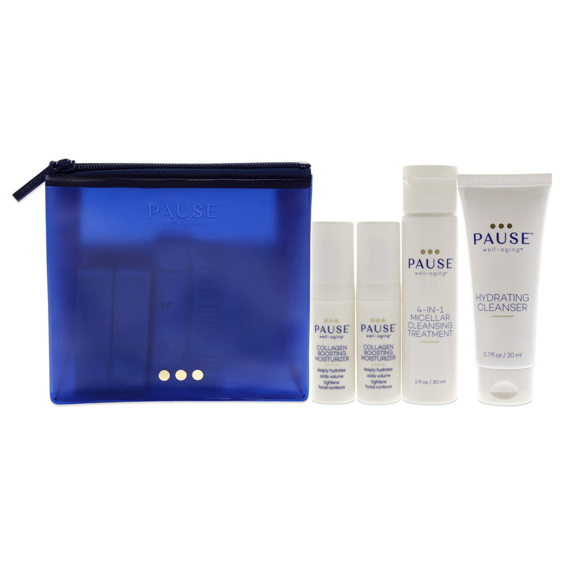 Pause Well-Aging Discovery Kit by Pause Well-Aging for Unisex - 4 Pc 0.7oz Hydrating Cleanser, 1oz 4-in-1 Micellar Cleansing Treatment, 2 x 0.17oz Collagen Boosting Moisturizer