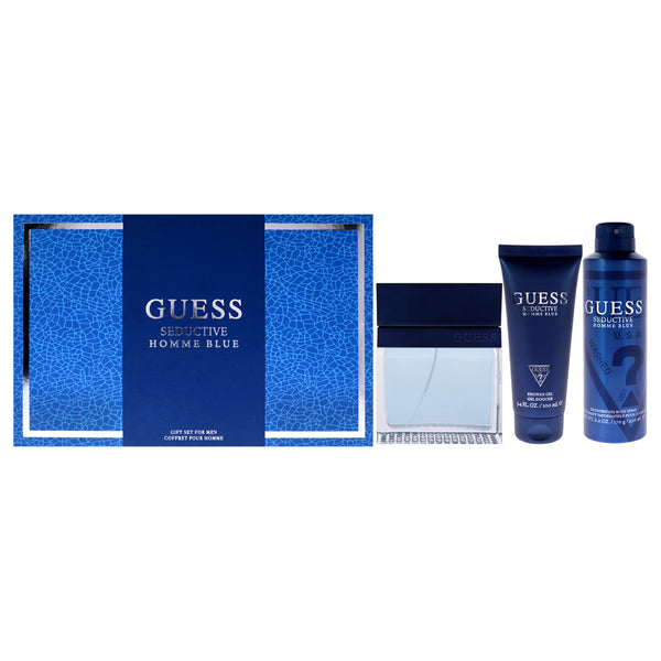 Guess Seductive Homme Blue by Guess for Men - 4 Pc Gift Set 3.4oz EDT Spray, 6oz Deodorant Body Spray, 3.4oz Shower Gel, Pouch