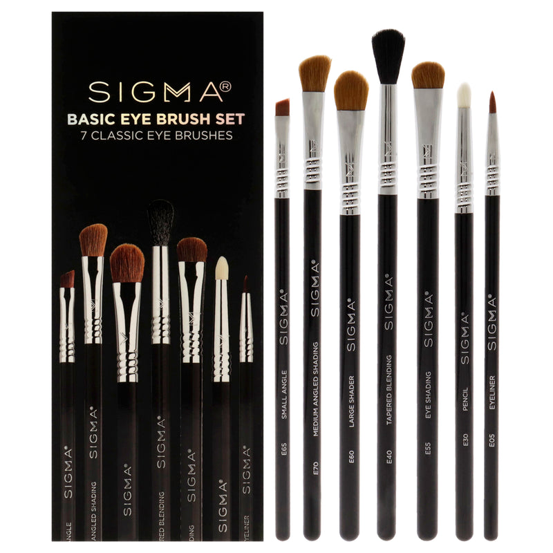 SIGMA Basic Eyes Brush Set by SIGMA for Women - 7 Pc E05 - Eyeliner Brush, E30 - Pencil Brush, E40 - Tapered Blending Brush, E55 - Eye Shading Brush, E60 - Large Shader Brush, E65 - Small Angle Brush, E70 - Medium Angled Shading Brush