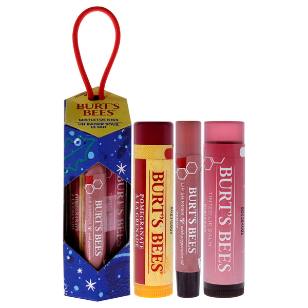 Burt's Bees Mistletoe Kiss Gift 2023 - Pink by Burts Bees for Women - 3 Pc 0.15oz Pomegranate Lip Balm, 0.09oz Peony Lip Shimmer, 0.15oz Hibiscus Tinted Lip Balm