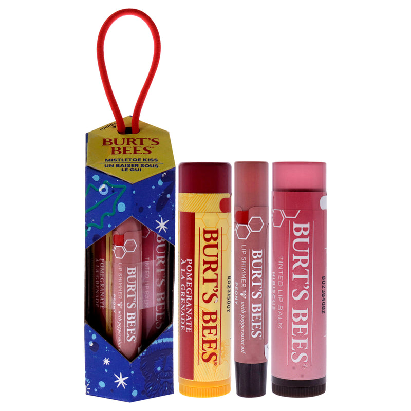 Burt's Bees Mistletoe Kiss Gift 2023 - Pink by Burts Bees for Women - 3 Pc 0.15oz Pomegranate Lip Balm, 0.09oz Peony Lip Shimmer, 0.15oz Hibiscus Tinted Lip Balm