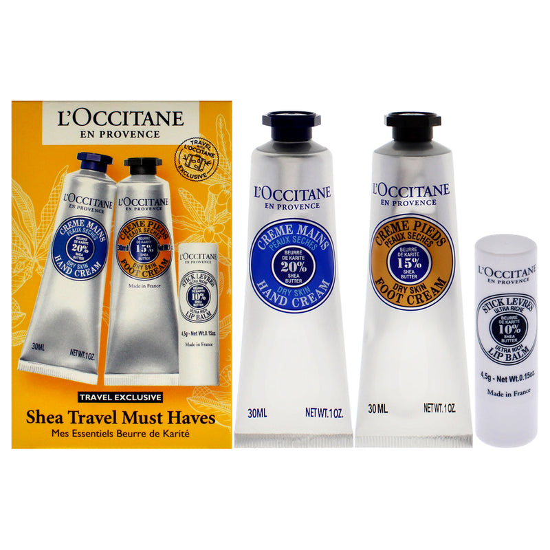 L'Occitane Shea Travel Must Haves Set by LOccitane for Unisex - 3 Pc 1oz Shea Dry Skin Hand Cream, 1oz Shea Dry Skin Foot Cream, 0.15oz Shea Butter Ultra Rich Lip Balm