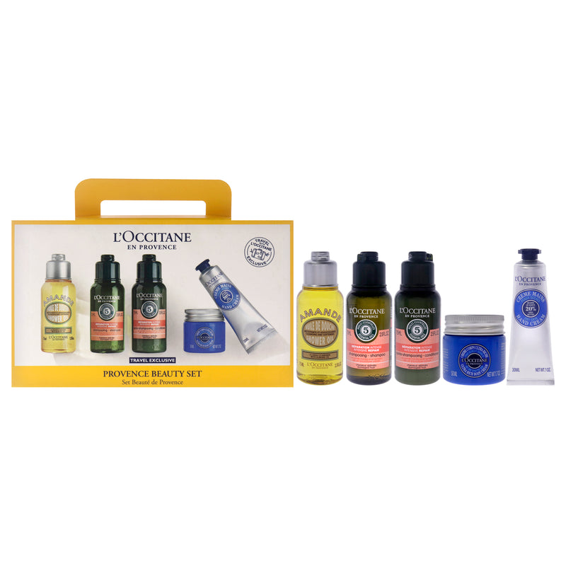 L'Occitane En Provence Travel Set by LOccitane for Unisex - 5 Pc 2.5oz Almond Shower Oil, 2.5oz Intensive Repair Shampoo, 2.5oz Intensive Repair Conditioner, 1.7oz Shea Butter Ultra Rich Body Cream, 1oz Shea Butter Dry Skin Hand Cream