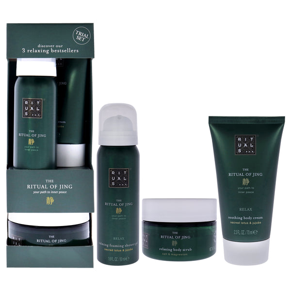 Rituals The Ritual of Jing Set by Rituals for Unisex - 3 Pc 1.6oz Foaming Shower Gel , 2.3oz Soothing Body Cream, 4.4oz Relaxing Body Scrub