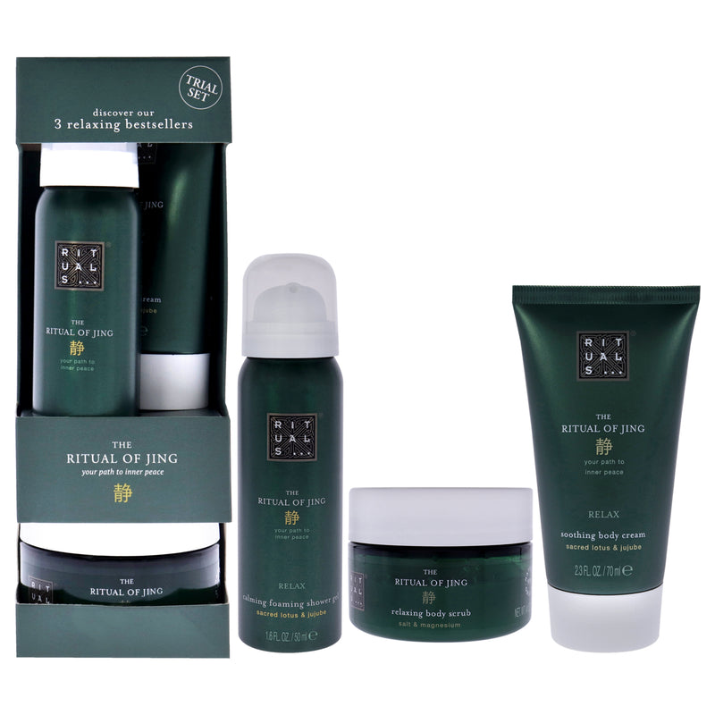 Rituals The Ritual of Jing Set by Rituals for Unisex - 3 Pc 1.6oz Foaming Shower Gel , 2.3oz Soothing Body Cream, 4.4oz Relaxing Body Scrub