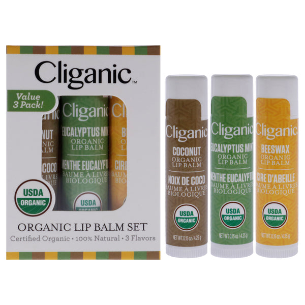 Cliganic Organic Lip Balm Set by Cliganic for Unisex - 3 Pc 0.15oz Lip Balm - Beeswax, 0.15oz Lip Balm - Eucalyptus Mint, 0.15oz Lip Balm - Coconut