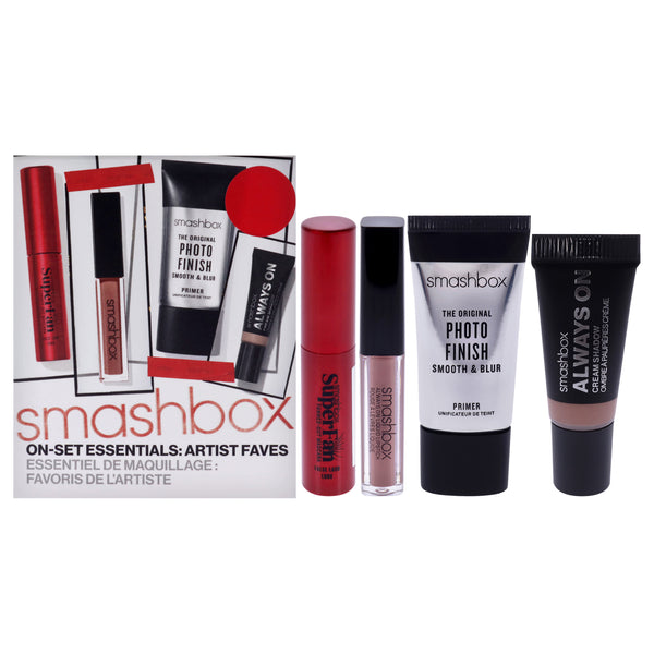 Smashbox On-Set Essentials Artist Faves by SmashBox for Women - 4 Pc 0.34oz The Original Photo Finish Smooth Plus Blur Primer, 0.17oz SuperFan Mascara, 0.17oz Always On Cream Shadow - Rose, 0.03oz Always On Liquid Lipstick - Stepping Out