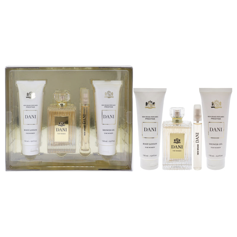 New Brand Prestige Dani by New Brand for Women - 4 Pc Gift Set 3.3oz EDP Spray, 0.5oz EDP Spray, 4.4oz Shower Gel, 4.4oz Body Lotion