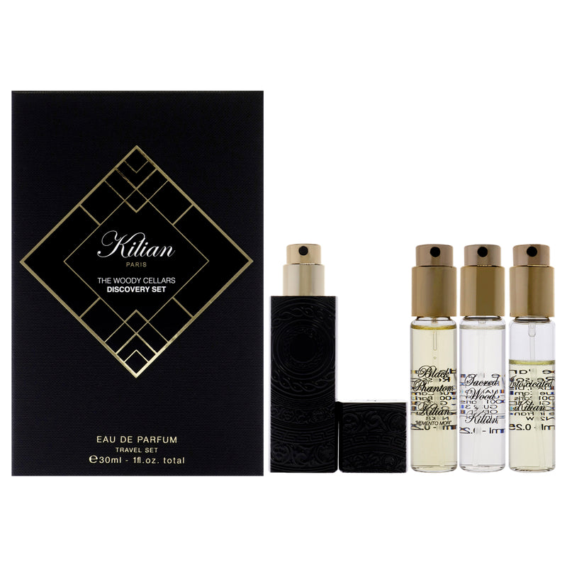 Kilian The Woody Cellars Discovery Set by Kilian for Unisex - 5 Pc Mini Gift Set 0.25oz Straight to Heaven EDP Spray (Refill), 0.25oz Memento Mori EDP Spray (Refill), 0.25oz Sacred Wood EDP Spray (Refill), 0.25oz Intoxicanted EDP Spray (Refill), Travel Sp