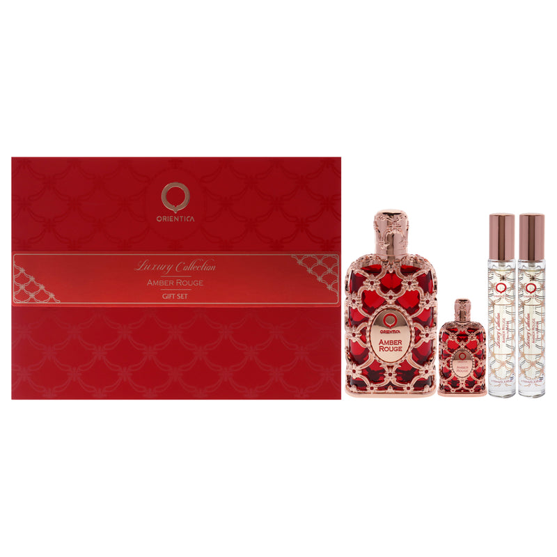 Orientica Amber Rouge by Orientica for Women - 4 Pc Gift Set 2.7oz EDP Spray, 7.5ml EDP Spray, 2 X 10ml EDP Spray