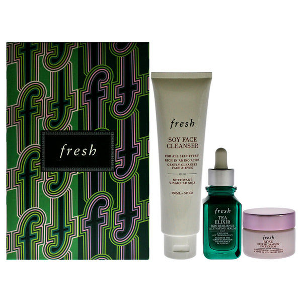 Fresh Resilient Hidrated Skin Trio by Fresh for Women - 3 Pc 5oz Soy Face Cleanser, 1oz Elixir Skin Resilience Activating Serum - Tea, 0.5oz Deep Hidration Face Cream - Rose