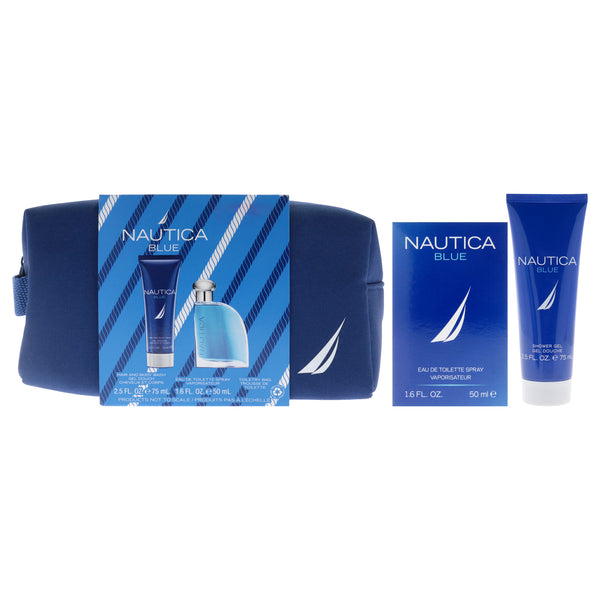 Nautica Blue by Nautica for Men - 3 Pc Gift Set 1.6oz EDT Spray, 2.5oz Hair and Body Wash, Toiletry Bag