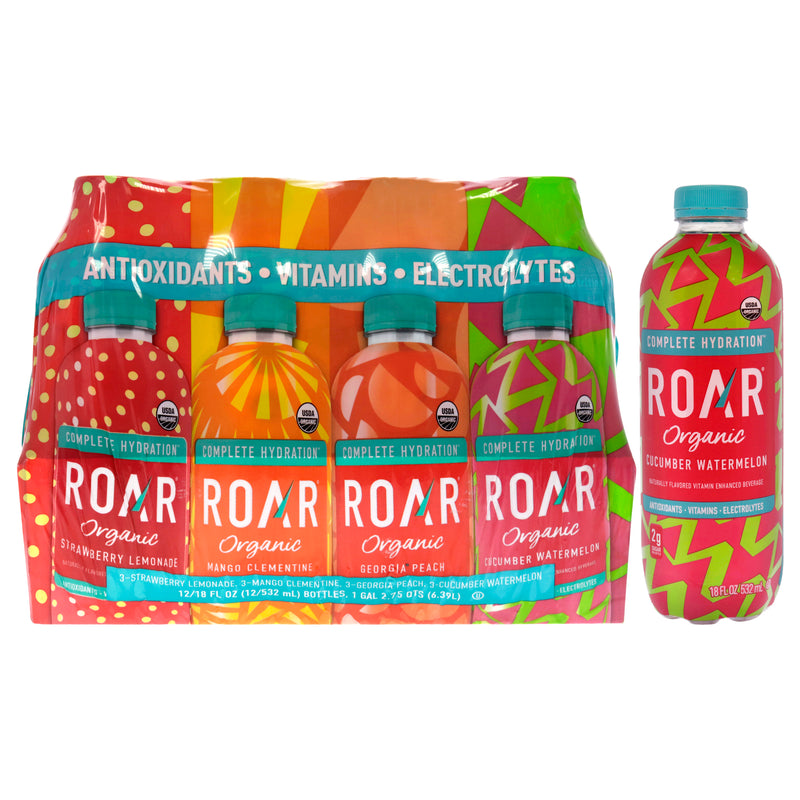 Roar Complete Hydration Organic Variety Pack by Roar for Unisex - 12 x 18 oz Cucumber Watermelon, Mango Clementine, Georgia Peach, Strawberry Lemonade