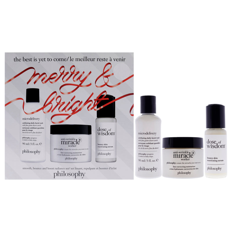 Philosophy The Best Is Yet To Come Holiday Set by Philosophy for Unisex - 3 Pc Gift Set 3oz Microdelivery Exfoliating Daily Facial Wash, 1oz Dose Of Wisdom Bouncy Skin Reactivating Serum, 2oz Anti-Wrinkle Miracle Worker Line-Correcting Moisturizer