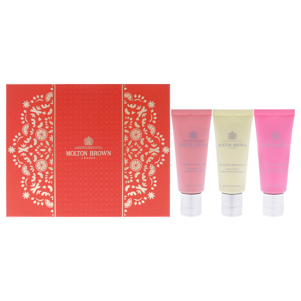 Molton Brown Floral and Spicy Hand Care Set by Molton Brown for Unisex - 3 Pc Gift Set 1.3oz Fiery Pink Pepper Hand Cream, 1.3oz Orange and Bergamot Hand Cream, 1.3oz Heavenly Gingerlily Hand Cream