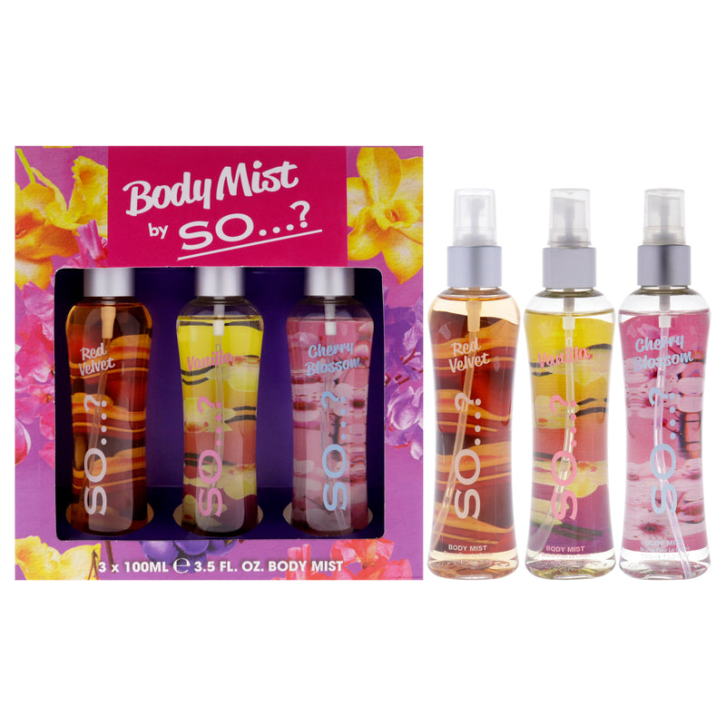 So…? So Body Mist Set by So…? for Women - 3 Pc 3.5oz Body Mist - Red Velvet, 3.5oz Body Mist - Vanilla, 3.5oz Body Mist - Cherry Blossom