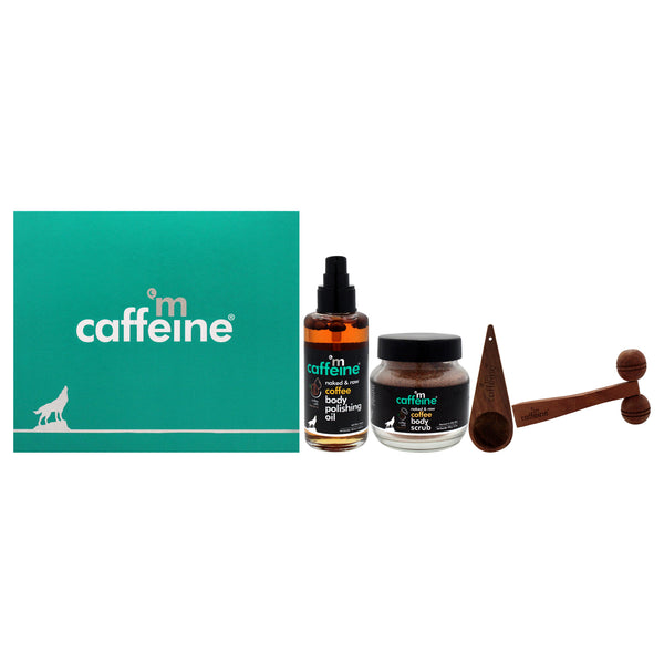 mCaffeine Coffee De-stress Gift Kit by mCaffeine for Unisex - 4 Pc 3.38oz Naked and Raw Coffee Body Polishing Oi, 3.5oz Naked and Raw Coffee Body Scrub - Coconut, Brew Scoop, Wooden Massager