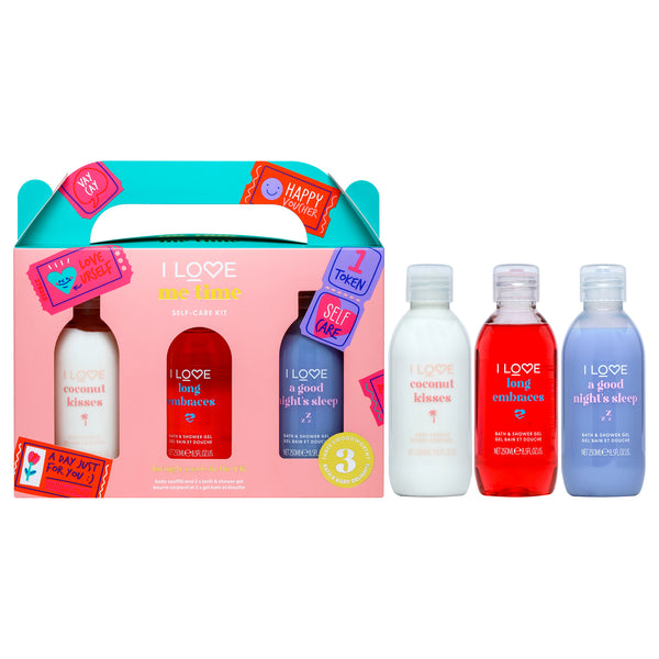 I Love Cosmetics Me Time Self-Care Kit by I Love Cosmetics for Women - 3 Pc 8.45oz Bath and Shower Gel - Coconut Kisses, 8.45oz Bath and Shower Gel - Long Embraces, 8.45oz Bath and Shower Gel - A Good Nights Sleep