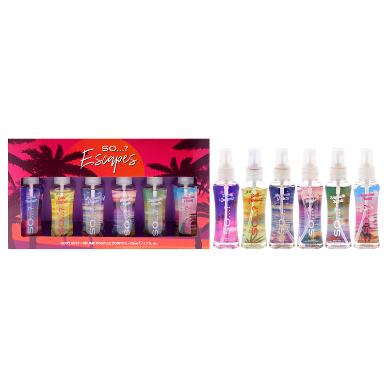 Escapes Body Mist Set by So…? for Women - 6 Pc 1.7oz Body Mist - Ibiza Dreams, 1.7oz Body Mist - Mykonos Night, 1.7oz Body Mist - Bali Breeze, 1.7oz Body Mist - Seychelle Sand, 1.7oz Body Mist - Hawaiin Honey, 1.7oz Body Mist - Marbella Magic