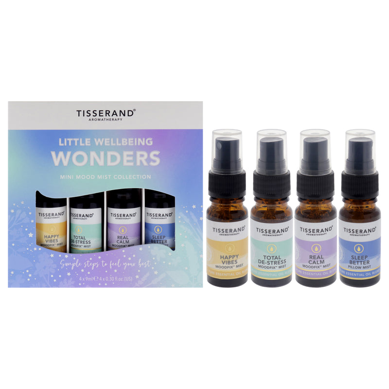 Tisserand Little Wellbeing Wonders Collection by Tisserand for Unisex - 4 pc 0.30oz MoodFix Mist - Happy Vibes, 0.30oz MoodFix Mist - Total De-Stress, 0.30oz MoodFix Mist - Real Calm, 0.30oz Pillow Mist - Sleep Better