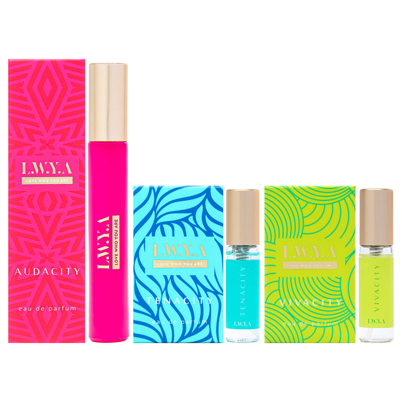 Audacity Discovery Set by LWYA for Women - 3 Pc Mini Gift Set 0.27oz Audacity EDP Spray, 0.1oz Tenacity EDP Spray, 0.1oz Vivacity EDP Spray