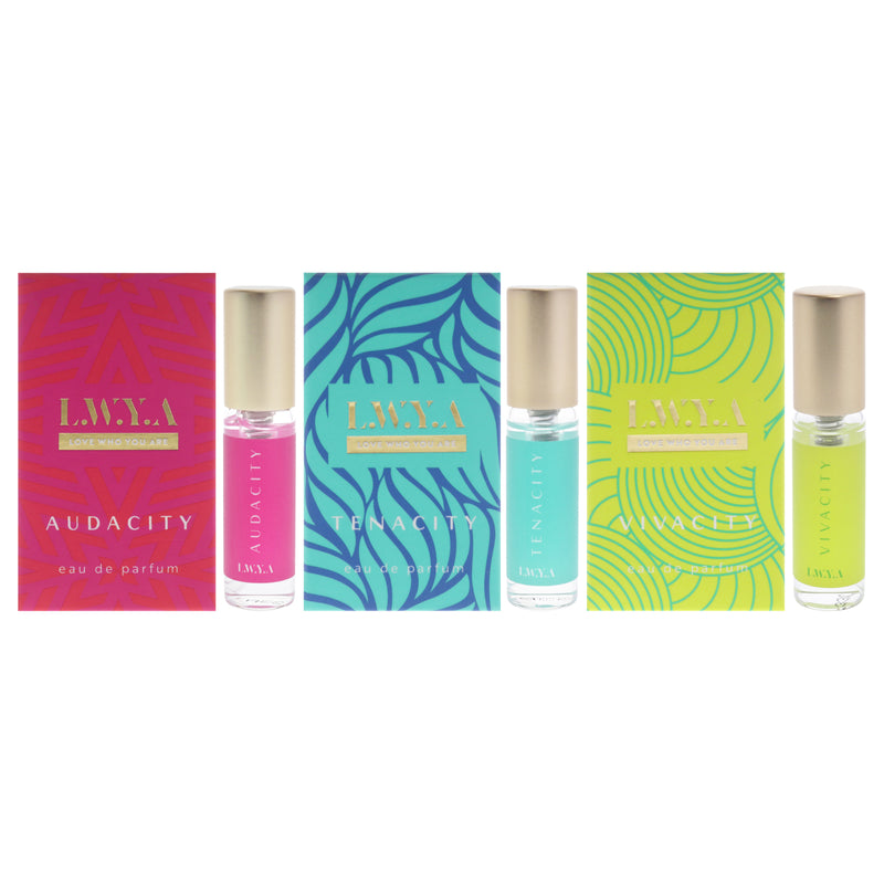 Fragrance Travel Set by LWYA for Women - 3 Pc Mini Gift Set 0.1oz Audacity EDP Spray, 0.1oz Tenacity EDP Spray, 0.1oz Vivacity EDP Spray