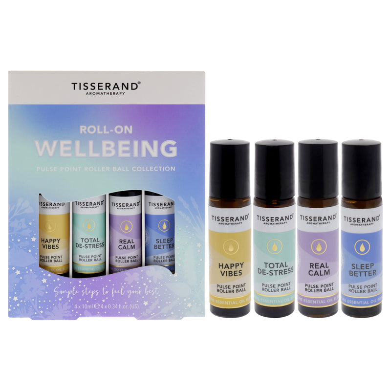 Tisserand Roll-On Wellbeing Collection by Tisserand for Unisex - 4 Pc 0.34oz Happy Vibes Roller Ball, 0.34oz Total De-Stress Roller Ball, 0.34oz Real Calm Roller Ball, 0.34oz Sleep Better Roller Ball