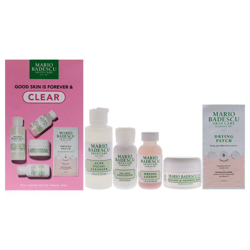 Mario Badescu Good Skin Is Forever and Clear by Mario Badescu for Women - 5 Pc 2oz Acne Facial Cleanser, 1oz Oil Free Moisturizer, 1oz Drying Lotion, 0.5oz Healing and Soothing Mask, 60 Drying Patches