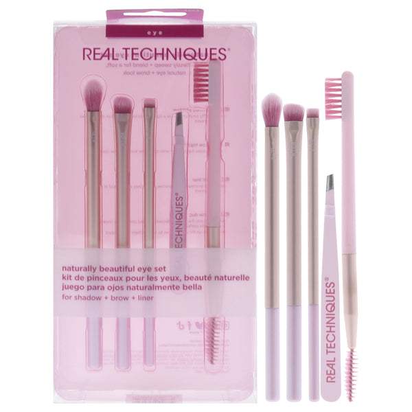 Real Techniques Naturally Beautiful Eye Set by Real Techniques for Women - 5 Pc Tapered Shadow Brush - 355, Brow Highlighter Brush - 354, Flat Liner Brush - 326, Brow Duo Brush - 353, Fine Point Tweezer