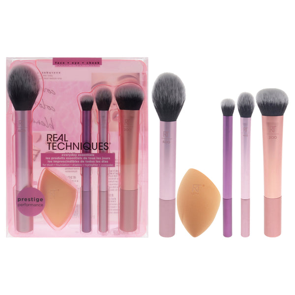 Everyday Essential Set by Real Techniques for Women - 5 Pc Blush Brush - 400, Miracle Complexion Sponge, Deluxe Crease Brush - 300, Setting Brush - 402, Expert Face Brush - 200