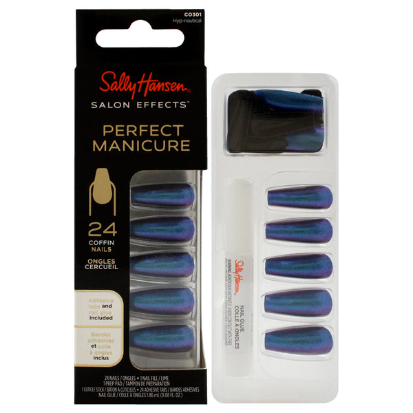 Sally Hansen Salon Effects Perfect Manicure Coffin Nails - CO301 Hyp-Nautical by Sally Hansen for Women - 52 Pc 24 Nails, 24 Adhesive Tabs, Nail File, Pre Pad, Cuticle Stick, 0.06oz Nail Glue