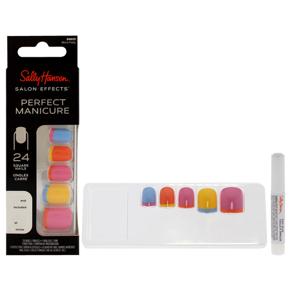 Sally Hansen Salon Effects Perfect Manicure Square Nails - SQ031 Block Party by Sally Hansen for Women - 52 Pc 24 Nails, 24 Adhesive Tabs, Nail File, Pre Pad, Cuticle Stick, 0.06oz Nail Glue